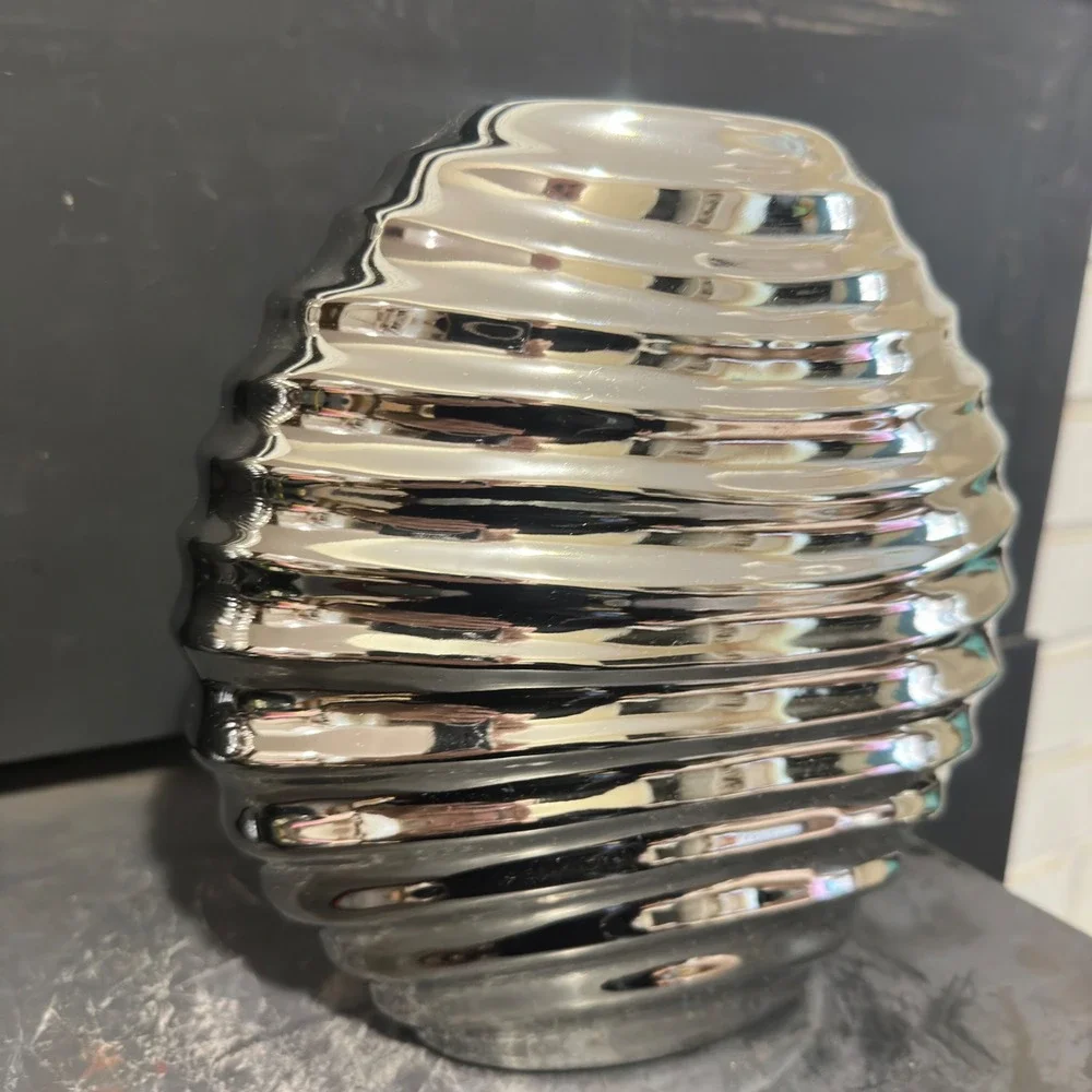 Sculptural Ribbed Ceramic Vase Chrome Silver Metallic Modernist Beehive 8.5in
